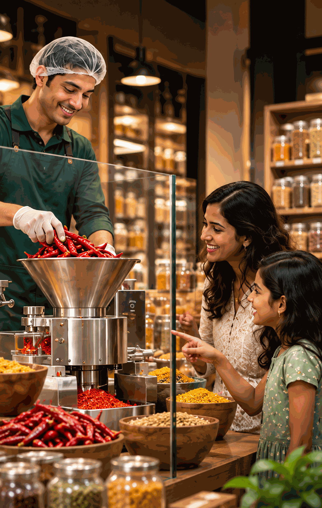 Customer and child watching whole chillies being milled to powder at a Miller Stores counter