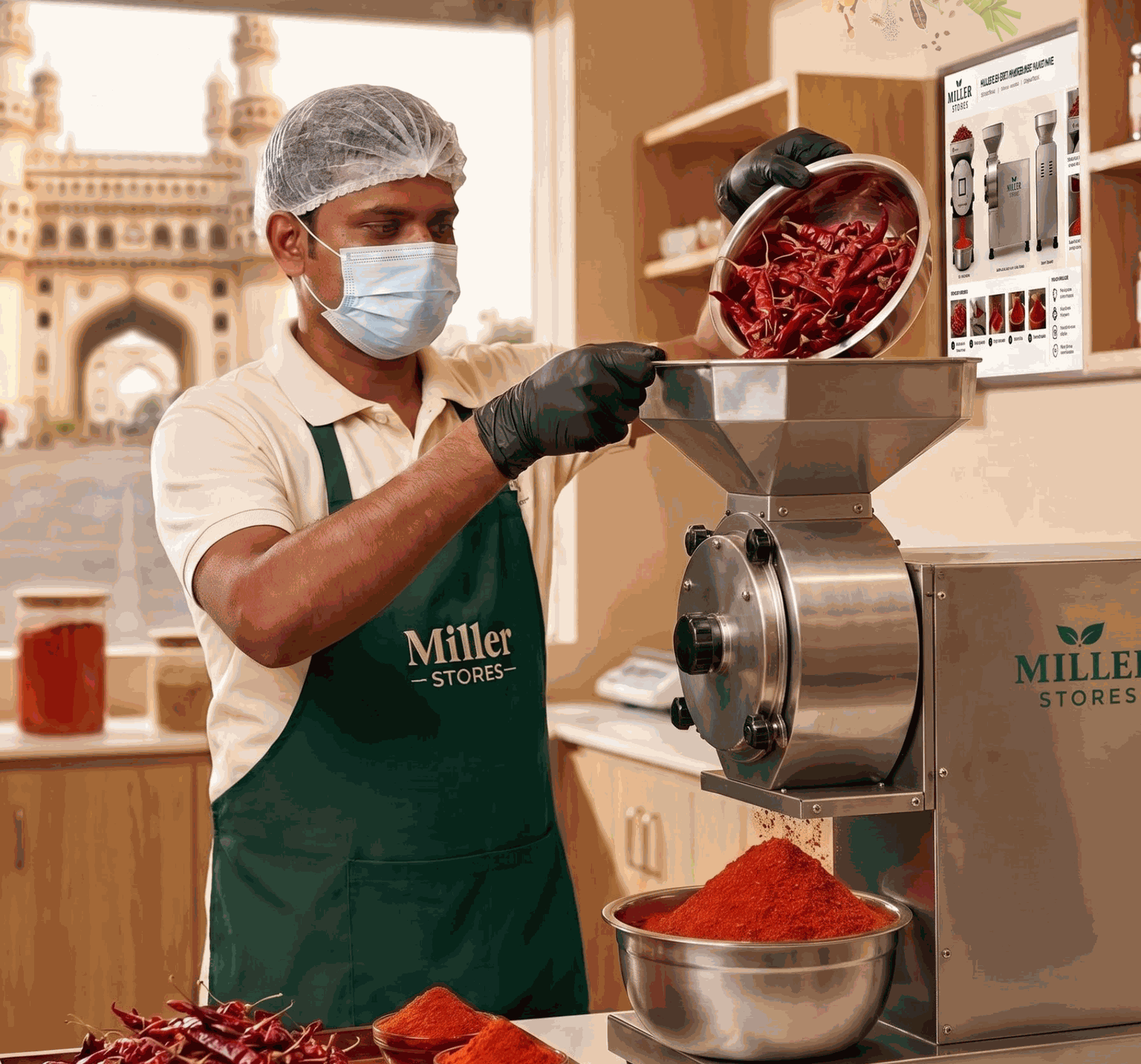 Miller Stores staff milling whole dried red chillies to powder at the counter in front of a customer, Hyderabad