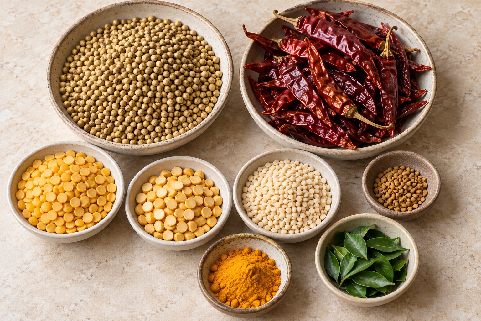 Coriander seeds, dried red chillies, dals, fenugreek, turmeric and curry leaves for homemade sambar powder