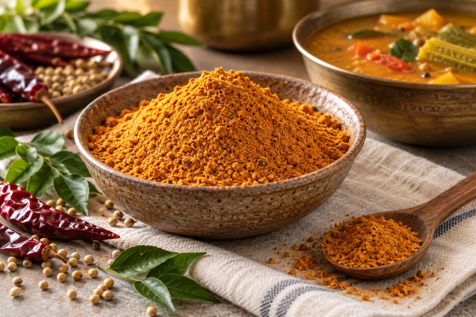 Freshly ground sambar powder with whole spices and a bowl of vegetable sambar