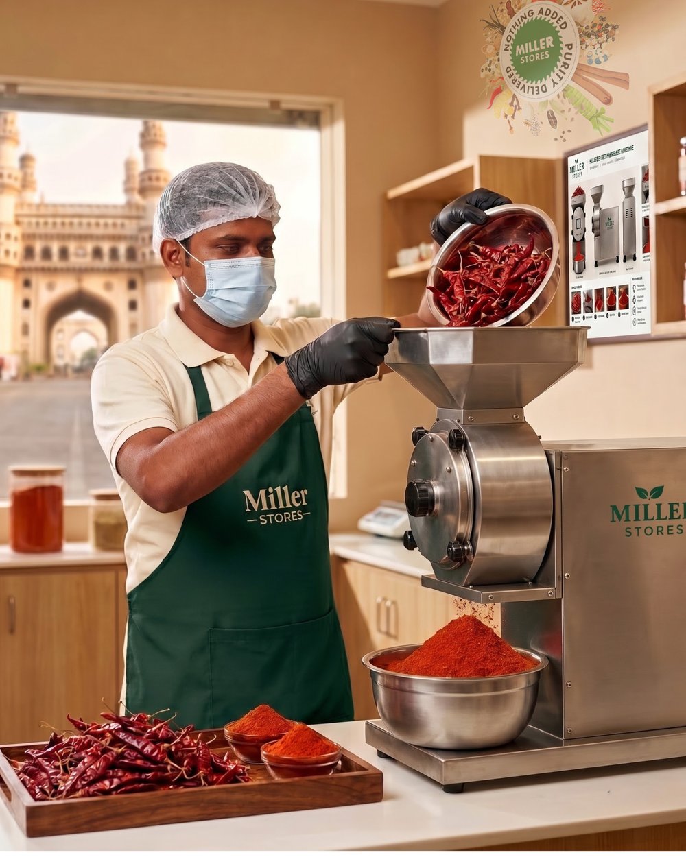 Miller Stores staff feeding dried red chillies into the mill, with fresh chilli powder in a bowl below