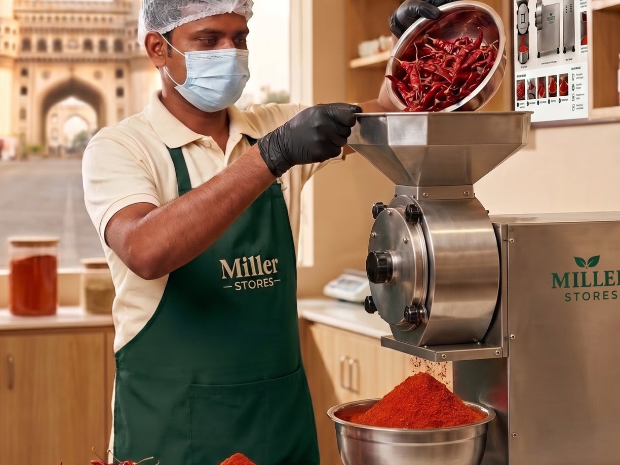 Miller Stores staff pouring whole dried red chillies into the grinder, with fresh chilli powder in the bowl below